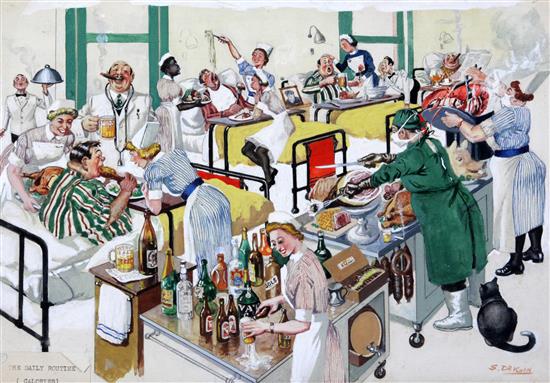 Sergei Drigin (1894-1977) Caricatures relating to a staying in a hospital for a heart operation 10.5 x 15in., unframed